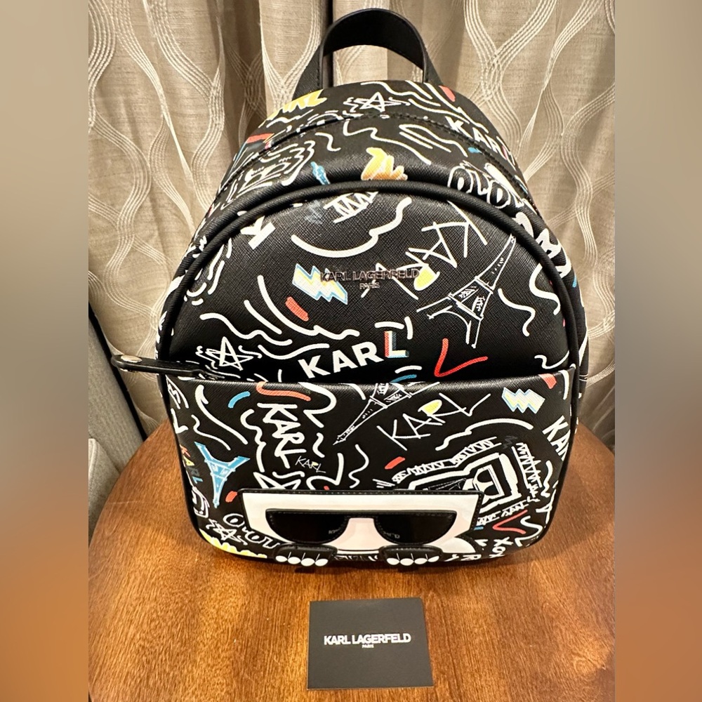 Karl Lagerfeld Paris Adele All Over Logo Full Size Backpack Black - NWOT - Picture 3 of 14